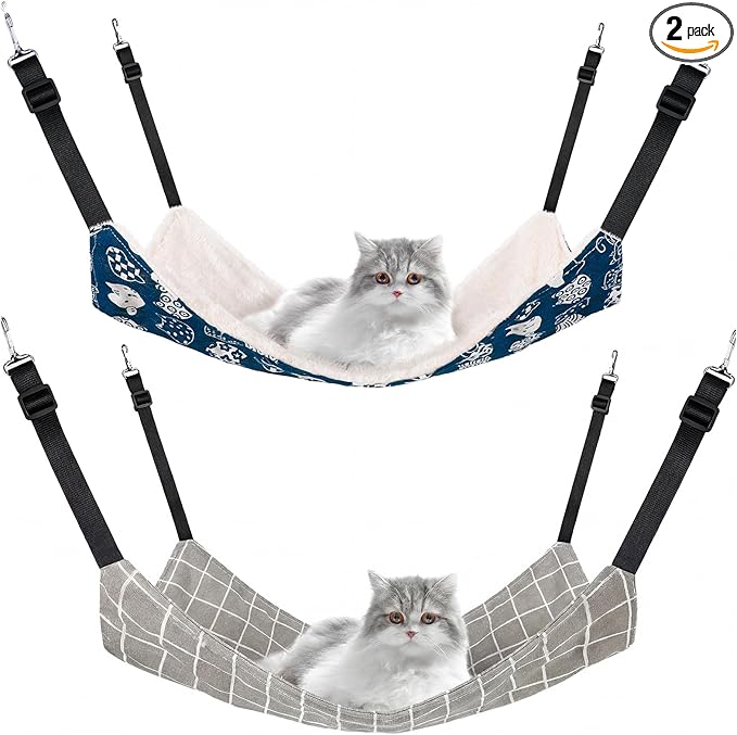 Jetec 2 Pack Cat Hammock for Cage, Cat and Plaid, M | Catio Accessories, Reversible Soft Cats Bed, Adjustable Straps and Hooks, Double-sided Linen, Fleece Hanging Hammock for Cats