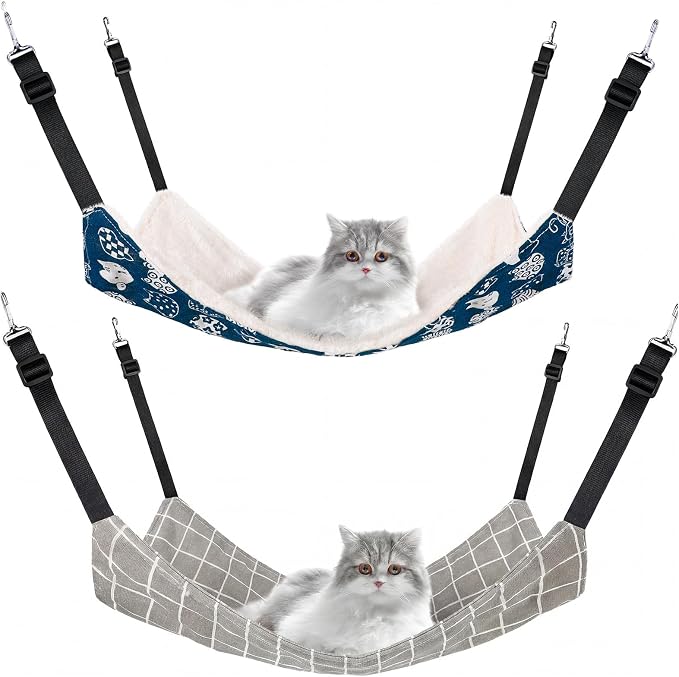 Jetec 2 Pack Cat Hammock for Cage, Cat and Plaid, S | Catio Accessories, Reversible Soft Cats Bed, Adjustable Straps and Hooks, Double-sided Linen, Fleece Hanging Hammock for Cats