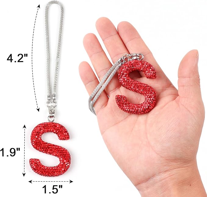 Bling Car Mirror Hanging Accessories - Letter S, Crystal Rhinestone Diamond Rear View Mirror Hanging, Cute Lucky Girl Car Accessories (Red)