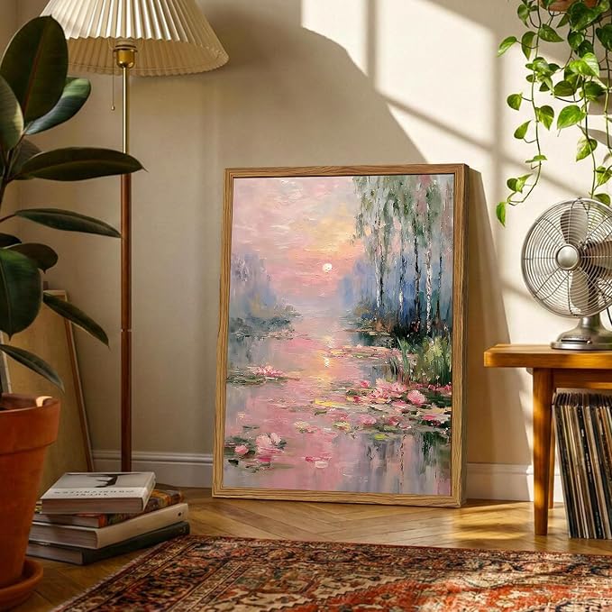 Framed Vintage Monet Canvas Wall Art, Pink Water Lilies Floral Pictures Wall Decor, Impressionist Sunset Landscape Paintings Prints Nature Aesthetic Artwork for Living Room Bedroom 16x24 inch
