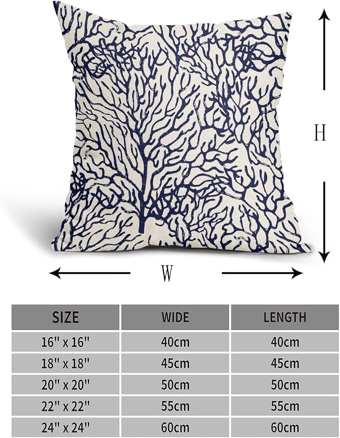Nautical Coastal Coral Pillow Covers 20x20 Inch Set of 2 Summer Ocean Beach White Blue Decorative Pillow Cases Outdoor Linen Cushion Cover Farmhouse Decor for Bedroom Home Sofa Couch Bed