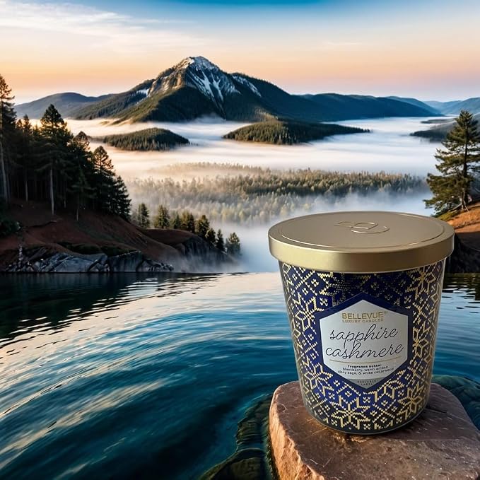 Bellevue Luxury Candles, 12 OZ Fragranced Candle, Soy Blend Wax, Essential Oils, Long-Lasting Burn, Home Fragrances, Aromatherapy Home Scented Candles Scent Sapphire Cashmere Pack of 2