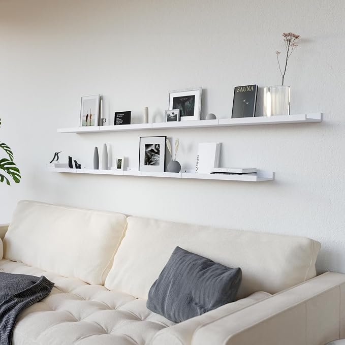 RICHER HOUSE 8 Set Floating Wall Mounted Shelves, Nursery Hanging Book Shelves with Lip for Storage, White Display Picture Ledge Shelf for Bedroom Bathroom Kitchen Living Room Wall Decor, Modern White | Display Picture Ledge Shelf, Anti-drop lip Shelf ...