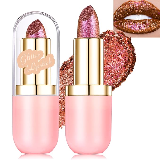 Red Orange Lipstick Glitter Makeup, Holographic Metallic Lip Stick Long Lasting Lightweight Non-Sticky Hydrating Lip Tinted Full Coverage Shimmer Chameleon Lipstick for Women