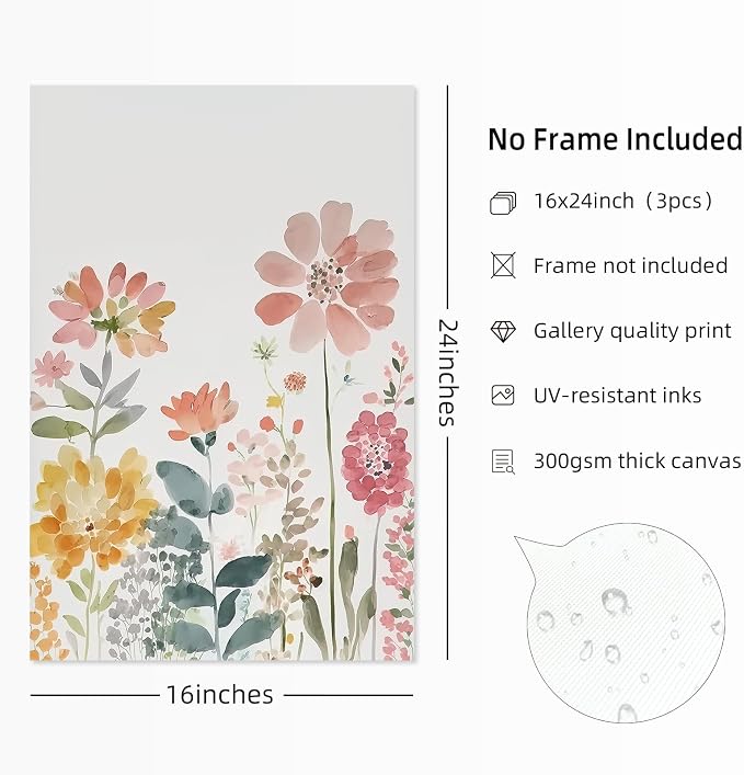 Watercolor Wildflower Wall Art Decor Colorful Flower Pictures Canvas Floral Botanical Wall Art Vintage Prints Poster Floral Painting Artwork for Living Room Bedroom 16x24 Inch Unframed Set of 3