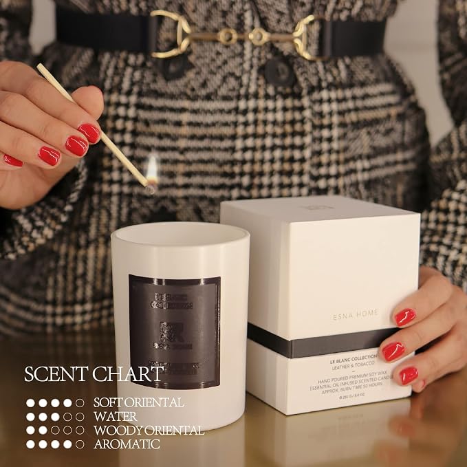 Scented Aromatherapy Candle Lavender Essential Oil All Natural Soy Wax Leather & Tobac Highly Scented Candles for Home Christmas Gifts for Men Anniversary for Him Office Decor Gift Ideas 8.8oz 50hrs
