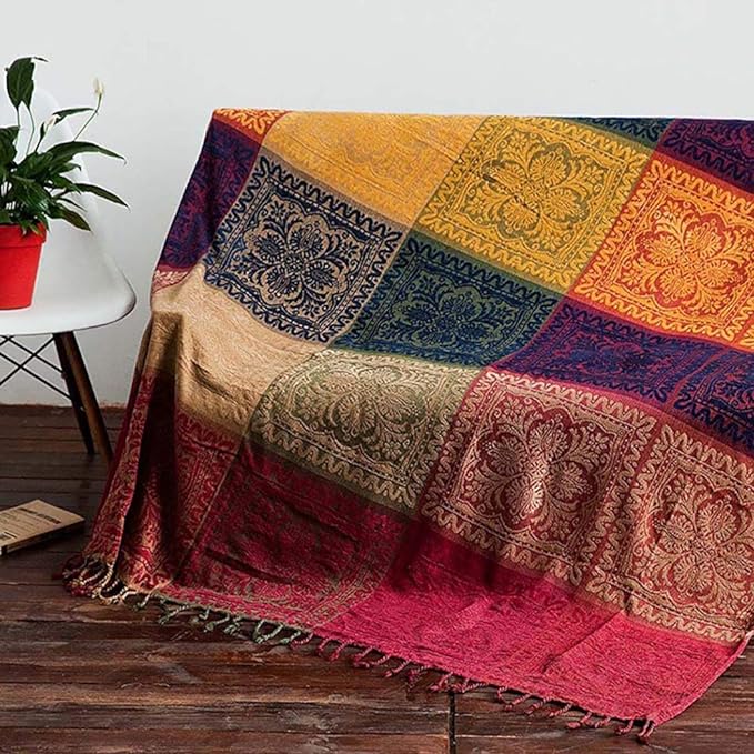 Boho Throw Blanket, Chenille Jacquard Tassels Throw Blankets for Bed Couch Soft Chair， Bohemian Fringe Tassels (Red, Large 86 * 102Inches)