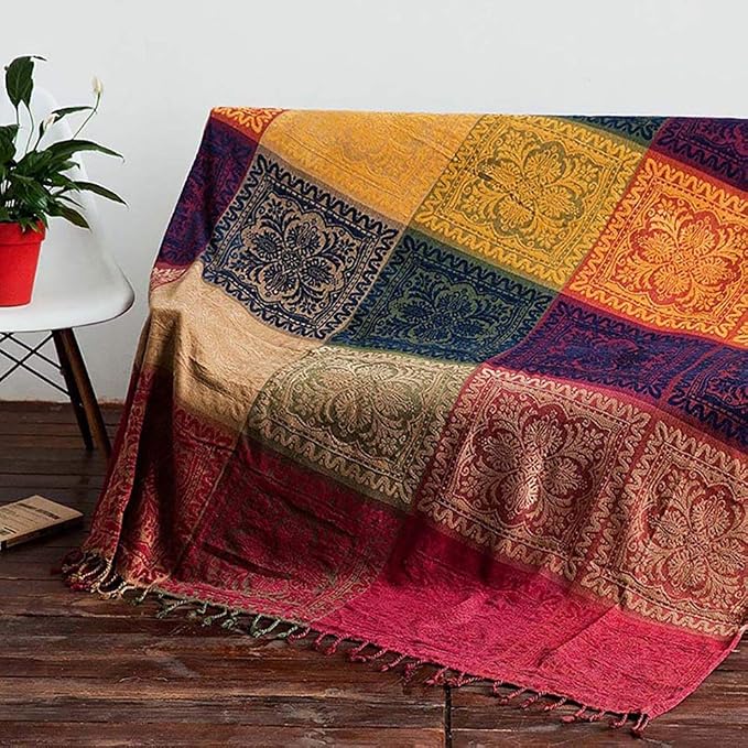 Boho Throw Blanket, Chenille Jacquard Tassels Throw Blankets for Bed Couch Soft Chair， Bohemian Fringe Tassels (Red, S:60x75