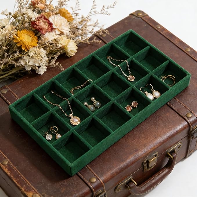 Velvet Jewelry Organizer Trays Dark Green 18 Grids | Stackable Jewelry Storage Holder Display Tray with Removable Dividers for Drawers