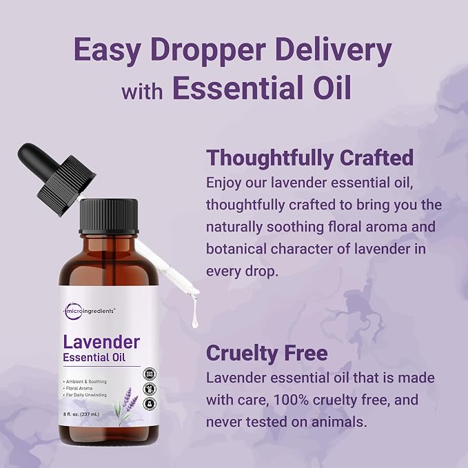 Micro Ingredients Lavender Essential Oil, 8 fl oz | Easy-Use Dropper Bottle | DIY Natural Aromatherapy, Soap, Lotion, Diffuser, Candles, Body & Scalp Massages | Soothing Floral Aroma | Cruelty Free