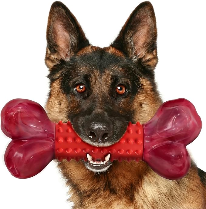 Tough Dog Toys for Aggressive Chewers: Beef Flavored Long Lasting Dog Bones for Large Dogs, Indestructible Dog Chew Toys to Keep Them Busy, Large Dog Toys for Medium & Large Breed, Red