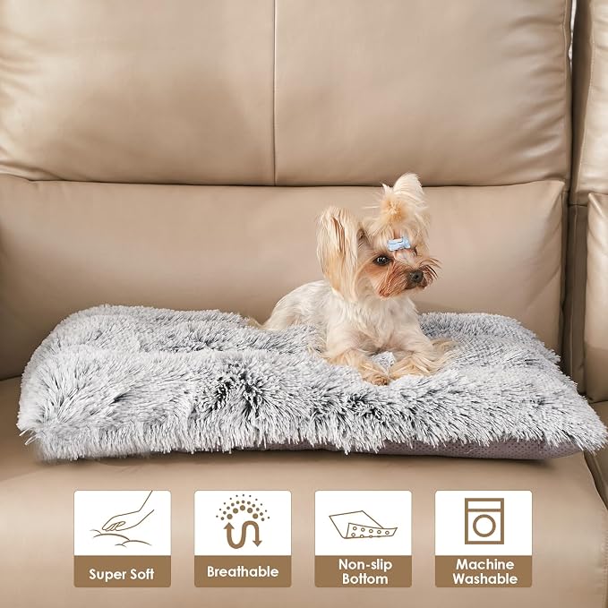 EHEYCIGA Fluffy Dog Crate Bed for Small Dogs, Plush Crate Pad, Grey | Calming Anti Anxiety Small Dog Bed, Washable Soft Warm Faux Fur Crate Mat with Non-Slip Bottom