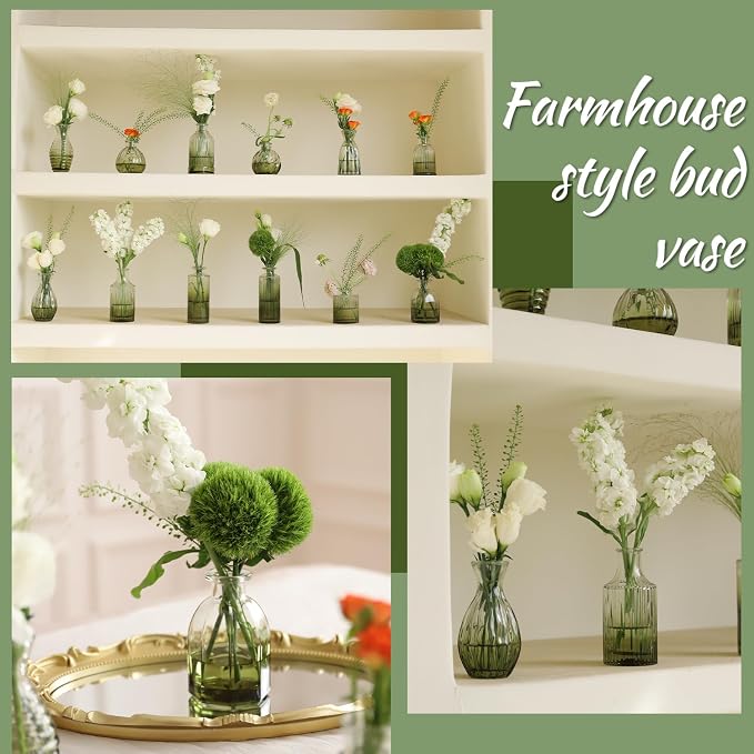 Green Bud Vases Set of 12, Small Green Glass Vase for Table Centerpieces | Ribbed Flower Vase Stripe Bud Vases in Bulk Wedding Birthday Bridal Shower Home Table Decoration