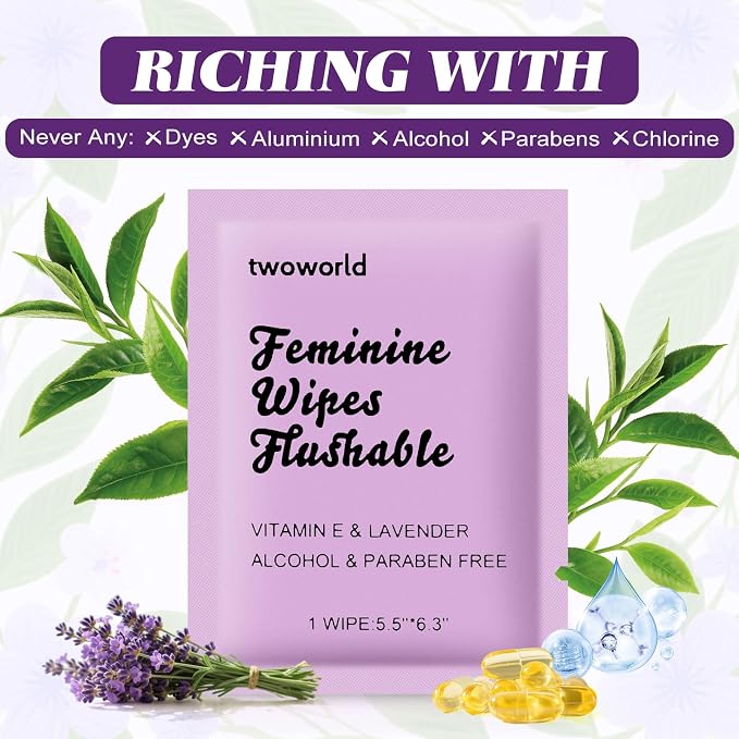 twoworld 50 Feminine Wipes Individually Wrapped,Flushable Wipes Travel | Feminine Care Vaginal Wipes for Adult,Women,Girl and Homeless(Lavender)