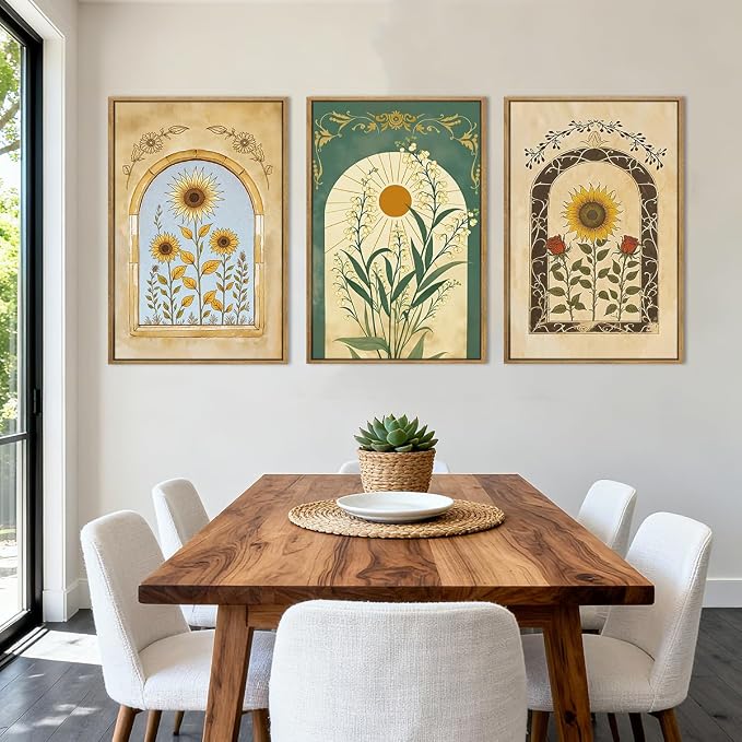 ANHUIB Vintage Boho Floral Wall Decor 16x24 Inch Bohemian wall art Botanical Wall Art Earthy Sunflower Illustration Set of 3 for Living Room Bedroom Office