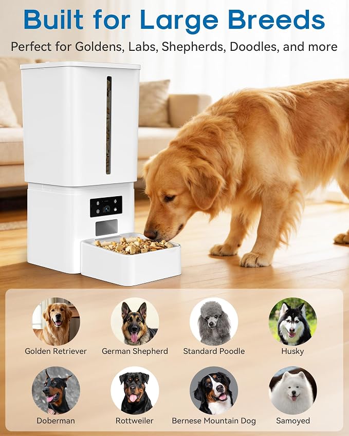 Automatic Dog Feeder Large Breed, 15L/63 Cups Auto Dog Food Dispenser | Anti-Clog Design for 2–23mm Large Kibble, 1080P HD Camera ＆ Night Vision, Easy Setup 5G WiFi App Control for Busy Pet Parents