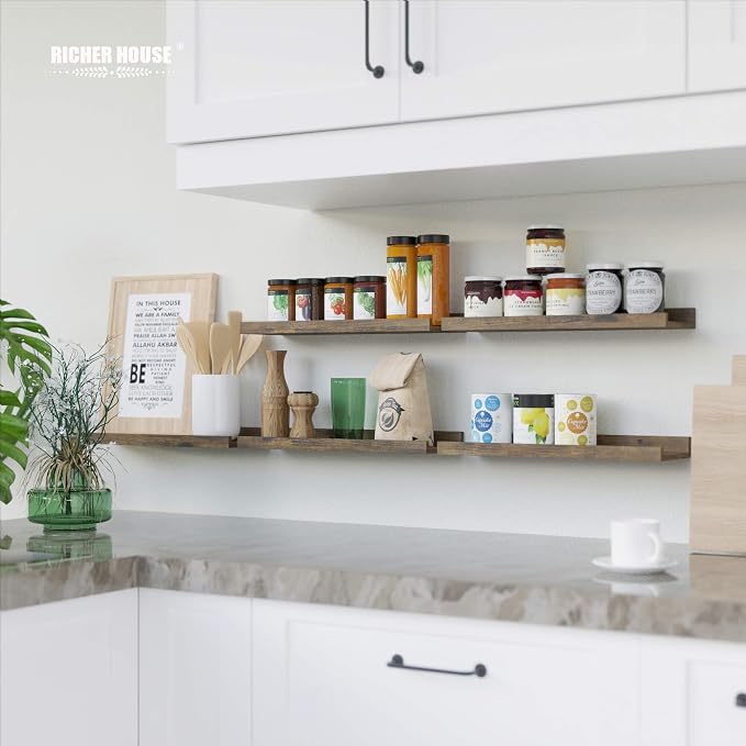 RICHER HOUSE 8-Set Floating Shelves with Lip, Rustic Brown Wall Shelf 16in | Display Picture Ledge Shelf, Anti-drop lip Shelf for Room Wall Decor, Bedroom Bathroom Storage Nursery Hanging Book Shelves