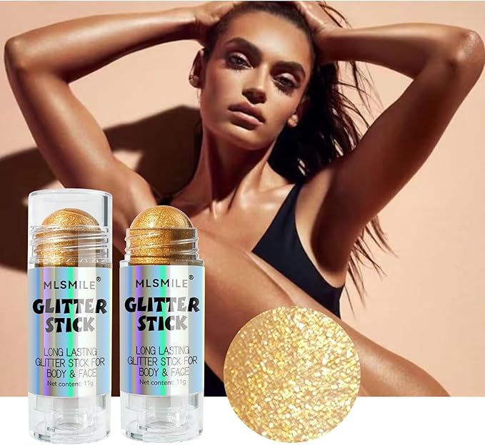 Gold Body Glitter Stick, Multi-Use Highlighter Makeup, Long Lasting Glitter Stick for Body & Face Eyes Lip, Glitter Sparkling Mermaid Sequins for Women, Great for Daily, Festival, Party