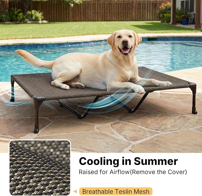 Veehoo Outdoor Elevated Dog Bed with Waterproof Bolster Cushion, Cooling | Raised Dog Bed with Removable & Washable Mat Topper, Breathable Mesh, Dog Couch Cot for Indoor Outdoor, 59", Large, Brown
