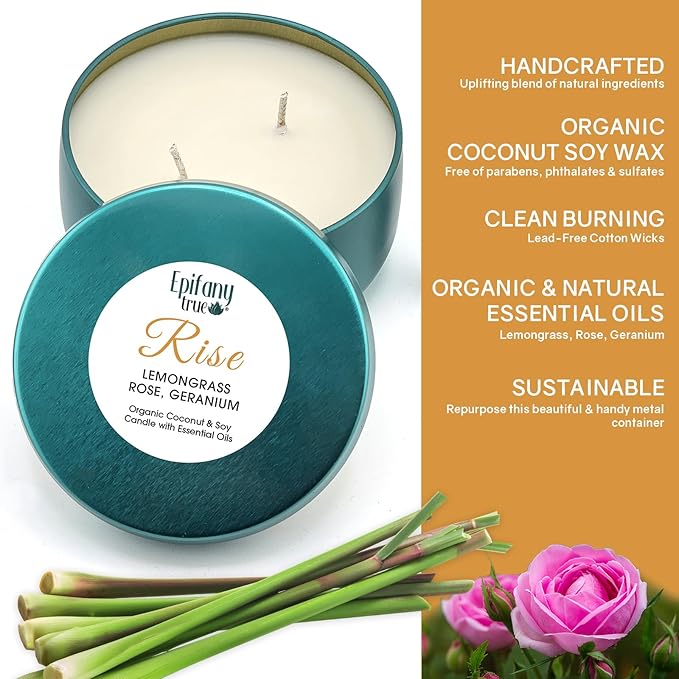 Pimento Massage Oil 4oz, Calendula Soothing Lip Balm, Rise Coconut Soy Candle with Essential Oils, Self-Care Gift 3-Piece Bundle