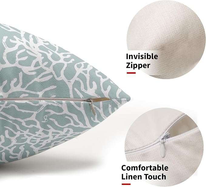 Nautical Coastal Coral Lumbar Pillow Covers 12x20 Inch Set of 2 Summer Ocean Beach Seafoam Blue Decorative Pillow Cases Outdoor Linen Cushion Cover Farmhouse Decor for Bedroom Home Sofa Couch Bed