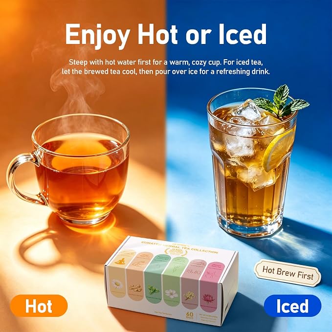 RHYSRIEY Herbal Tea Variety Pack, 60 Tea Bags, 6 Flavor Gift Set | Real tea leaves, flowers, fruits and botanicals with no artificial flavors, colors or preservatives