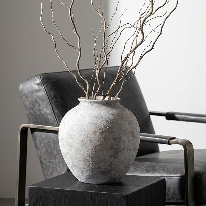 Lvases Aged Stone Rustic Ceramic Farmhouse Home Decor Dried Flower Vase | 8.3in large stone white limestone finish, mediterranean tuscan aged cement look, rustic table living room decorative vase