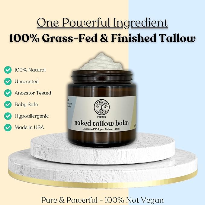 Beef Tallow for Skin | NAKED TALLOW BALM | 1 Ingredient - 100% Grass Fed Beef Tallow | Beef Tallow for Body & Face | Whipped & UNSCENTED for Sensititve Dry Skin, Babies, Eczema, Psoriasis