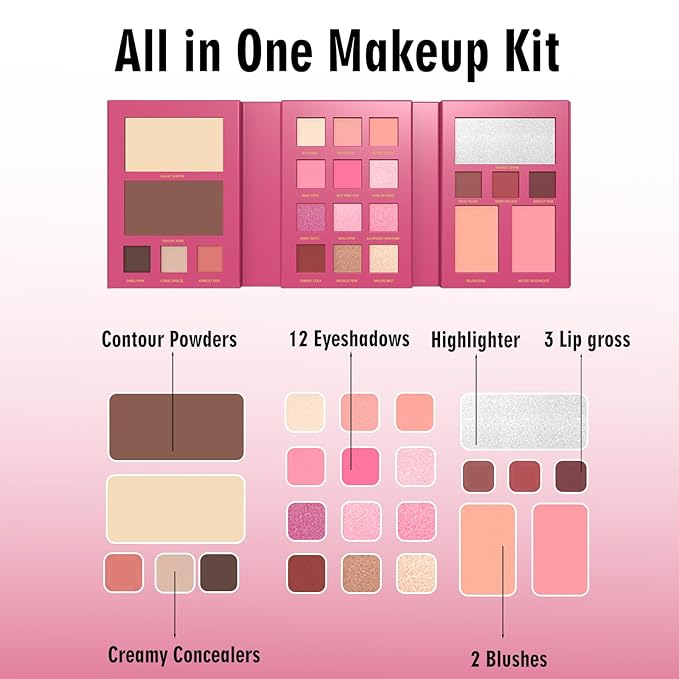 All in One Makeup Palette - Foldable Travel Make Up Kit Set includes Highly Pigmented Eyeshadow, Buildable Contour, Color Correction Concealer, Shine Highlighter, Blush, Lip for Face Paint