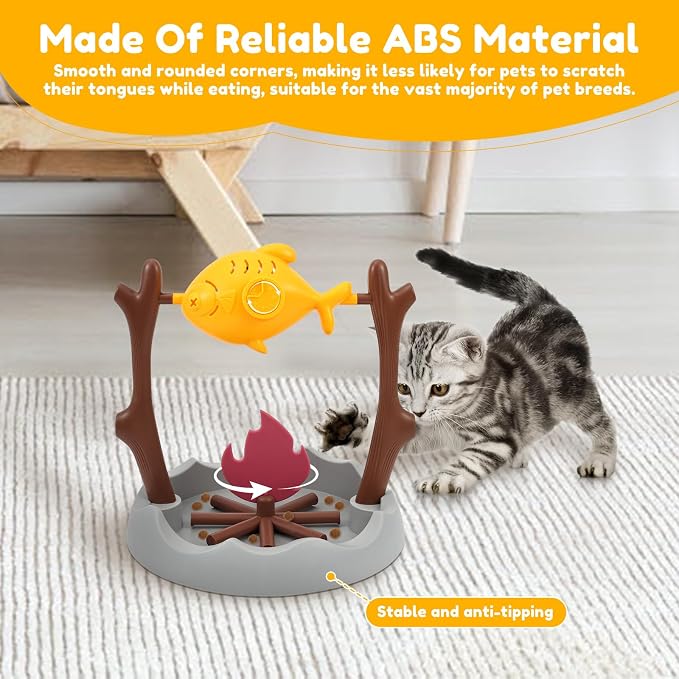 Cat BBQ Toy Treat Dispensing Slow Feeder Bowl, Unique Rotatable Fish and Flame Cognitive Training Game Enrichment Interactive Stimulation Toy for Indoor Kitty(Yellow)