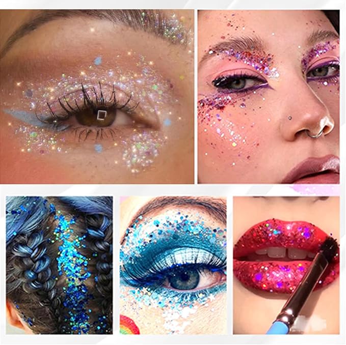 8 Color Body Glitter White Face Hair Self Adhesive Gel Festival Accessories Cosmetic Glitter Long Lasting Chunky Sequins Glitters for Eye Lip Nails Gel Festival Rave 23g