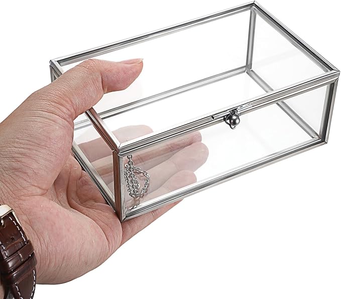 Hipiwe Vintage Glass Keepsake Box Small Jewelry Display Case Lidded Box | Home Decor Accent Decorative Glass Box Organizer for Storage Trinket Rings Bracelet, Silver