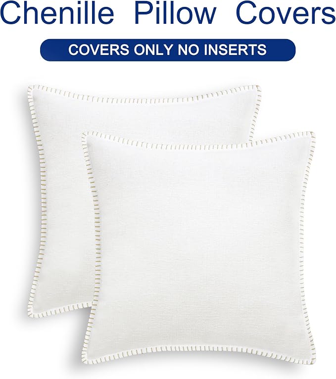 CaliTime Decorative Couch Throw Pillow Covers 24 X 24 Inches True White | Pack of 2, Cozy Chenille Cushion Cases, Cotton Thread Stitching Edges, for Sofa Bed Living Room Farmhouse