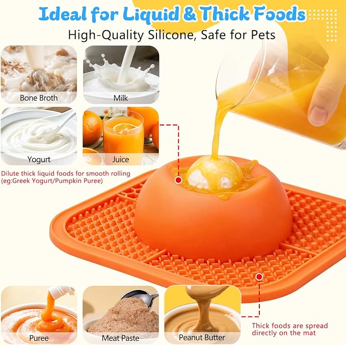Slow Feeder Dog Bowls & Lick Mat for Liquid and Thick Treat, Anti-Slip Dog Lick Bowl with Interactive Rolling Ball, 5/6 Cup Pup Licking Toy for Large Medium Small Dogs and Cats Orange