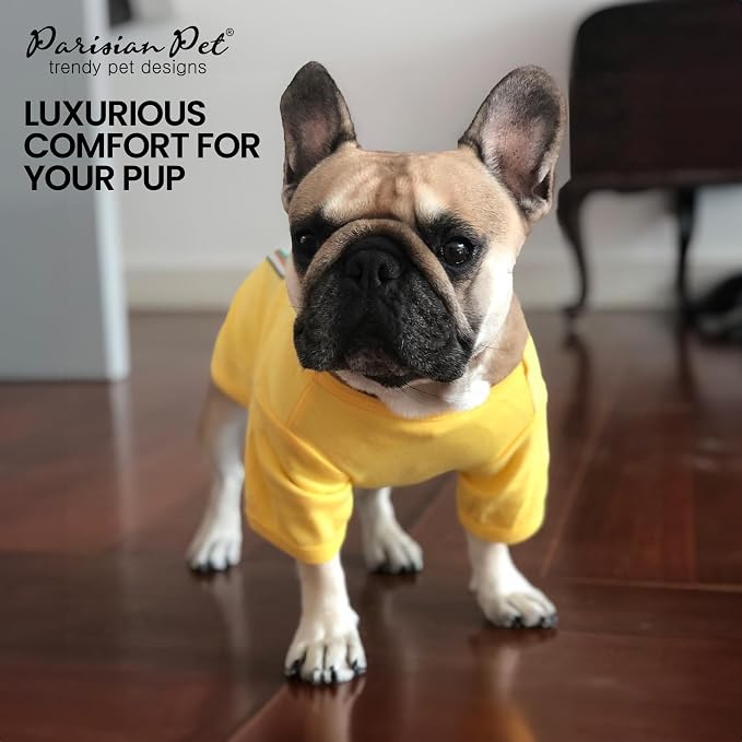 Parisian Pet Dog Costume - 100% Cotton Yellow Dog Clothes for Small Dogs - Lightweight Puppy Outfits - Funny Chihuahua Clothes - Sleeved Mustard Shirt for Dogs - Stretchy and Stylish Pet Costume