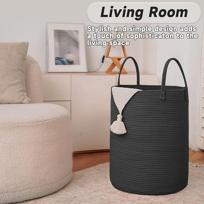 JMvicyroam 60L Cotton Rope Laundry Basket Hamper, Black | Collapsible laundry basket, reinforced handles, freestanding, machine washable, holds 3-5 thick blankets, clothes or toys