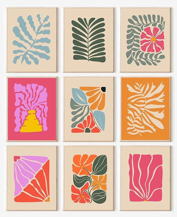 Abstract Botanical Prints Set of 9, Colorful Eclectic Gallery Wall Art Wavy Flower Floral Plant Wall Decor, Aesthetic Bedroom Decor Canvas Artwork Painting, Maximalist Art Prints & Posters for Boho | Canvas Prints, Unframed, Matisse Preppy Pictures, Wa...