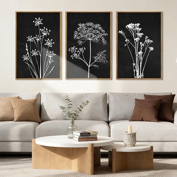 BINCUE Framed Botanical Wall Art Black Grey and White Plant Floral Print Canvas for Living Room Bedroom Office 3 Panel 16x24 Inches