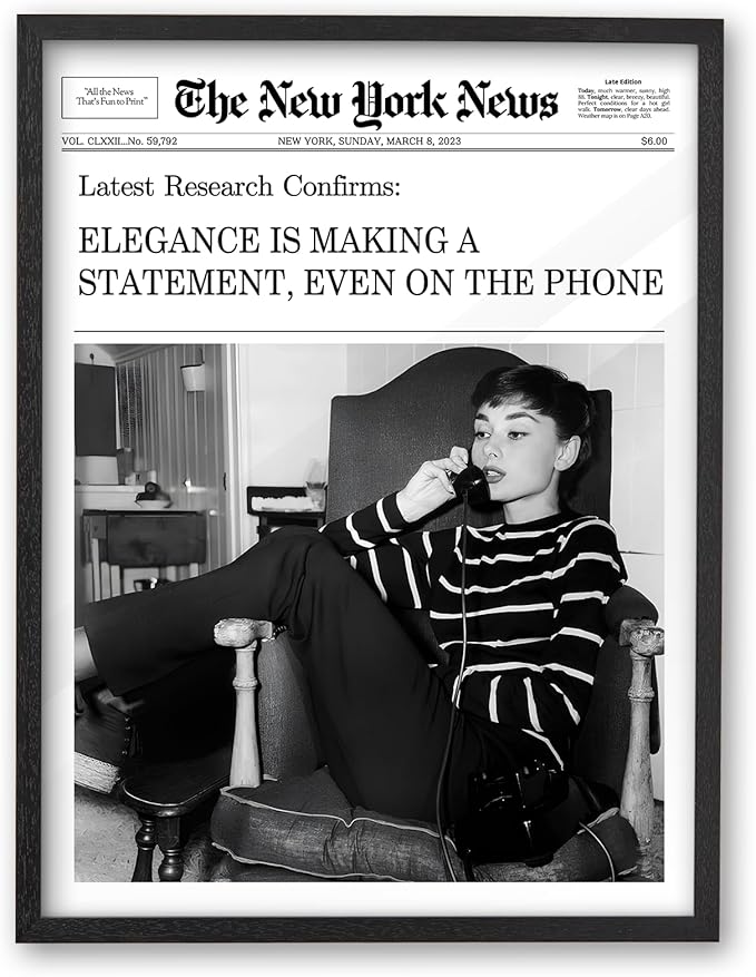 iHery 8x10in Audrey Hepburn Elegance Framed Newspaper Wall Art | Premium Black OAK Wood Frame with Canvas Print, Vintage Newspaper Decor for Bedroom, Living Room, Office 1Pack