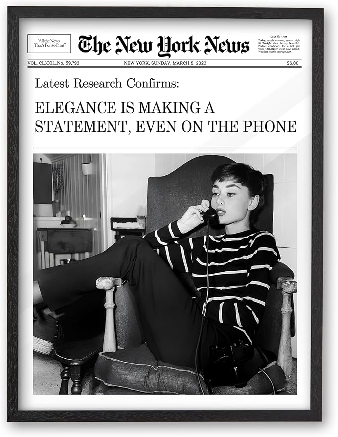 iHery 12x16in Audrey Hepburn Elegance Framed Newspaper Wall Art | Premium Black OAK Wood Frame with Canvas Print, Vintage Newspaper Decor for Bedroom, Living Room, Office 1Pack
