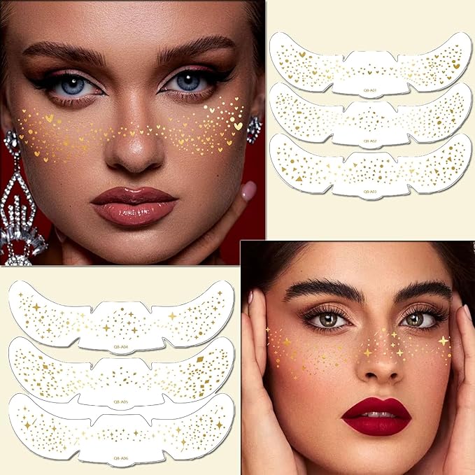 AIBEE Glitter Freckles, 12PCS Temporary Tattoos Fake Freckles Gold Body Face Glitter Sparkle Freckles Makeup Patches Rave Festival Party Accessories for Women Girls