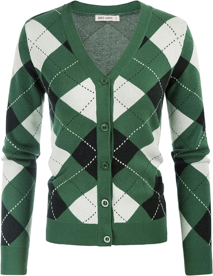 GRACE KARIN Womens Cardigan Sweater Fall Fashion Argyle Sweater Button Up Cardigan Teacher Outfits Preppy Clothes