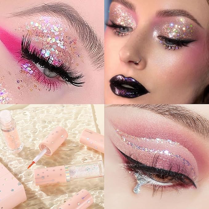 BONNIE CHOICE 6Pcs Liquid Glitter Eyeshadow Eyeliner, Korean Makeup Glitter Shinning Eye Liner Long Lasting Quick Drying Pigmented Loose Bling Under Eye Shadow Makeup Valentine's Day Gifts for Women