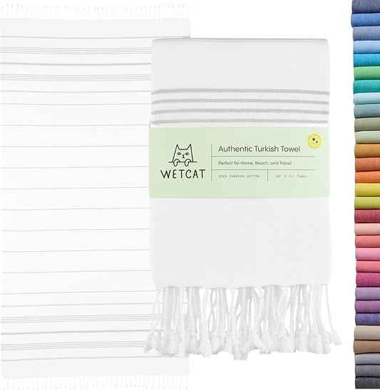 WETCAT Turkish Beach Towel Oversized (38"x71") 100% Turkish Cotton, Made in Turkey - Sand Free, Extra Large, Ultra Soft, Quick Drying, Compact & Lightweight for Travel - Grey and White