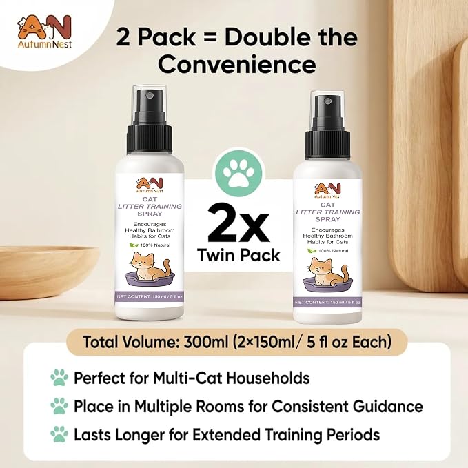 Cat Litter Training Spray, 2 Pack, 300ml Litter Box Attractant Spray | 2-pack attractant helps guide cats and kittens to the litter box during training, retraining, and new-home transitions.