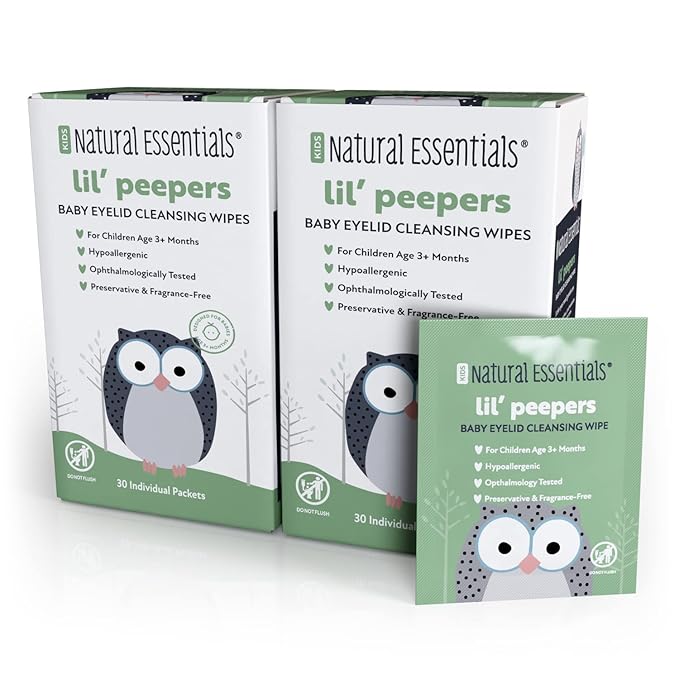 Natural Essentials Lil' Peepers Baby Eye Wipes and Eyelid Cleanser, Preservative-Free & Rinse-Free, Pediatrician Recommended Hypoallergenic Soft Eyelid Wipes for Babies, Kids & Adults, 30 Count (2pk)