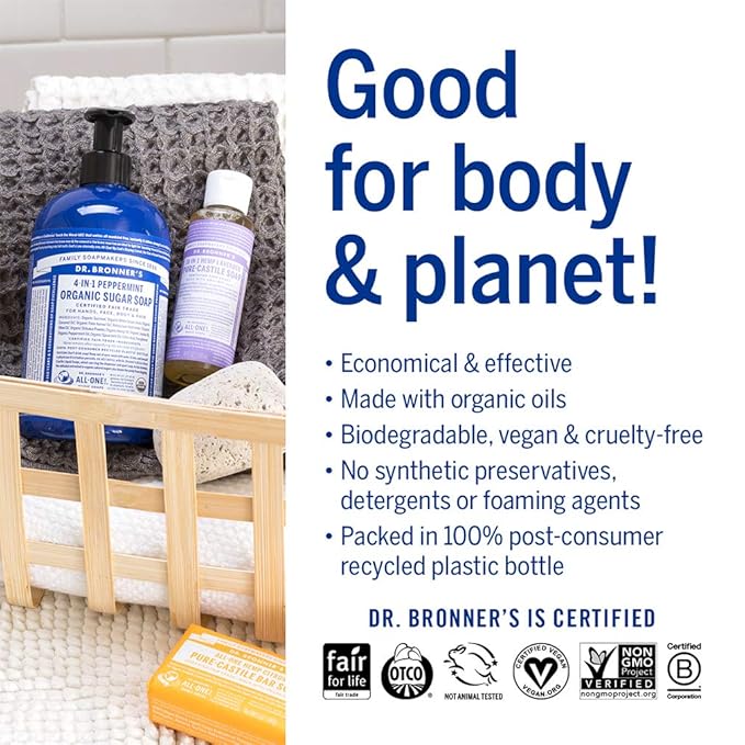 Dr. Bronner's - Pure-Castile Liquid Soap (Lavender, 4 ounce) - Made with Organic Oils, 18-in-1 Uses: Face, Body, Hair, Laundry, Pets and Dishes, Concentrated, Vegan, Non-GMO