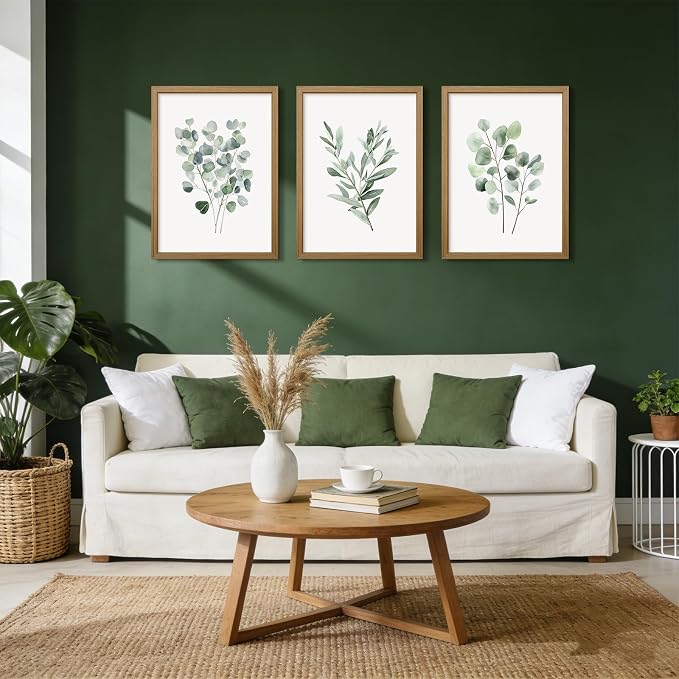 Botanical Wall Art Sage Green Canvas Wall Decor Eucalyptus Art Watercolor Plant Pictures Green Botanical Prints Minimalist Leaf Painting Set of 3 for Bathroom Living Room 16x24 Inch Wood Framed