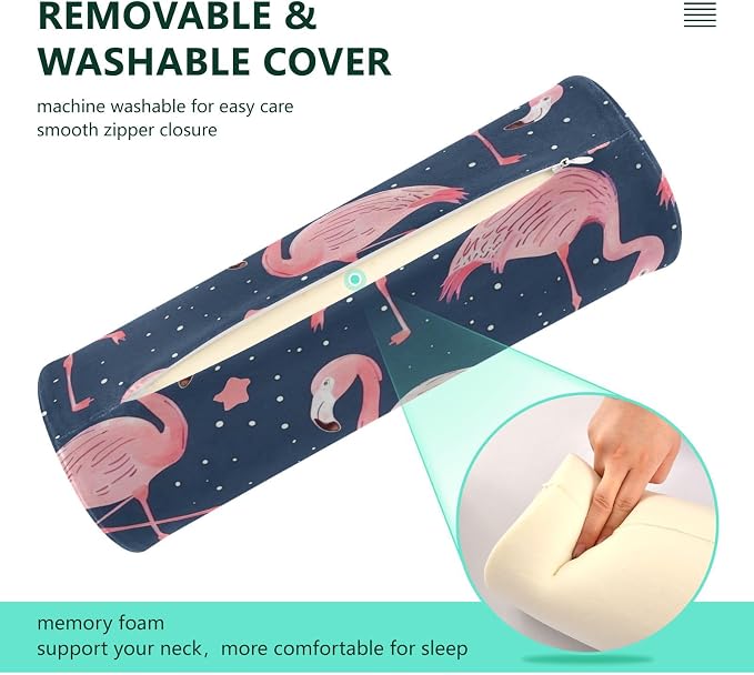 Deep Blue Flamingos and Stars Neck Roll Pillow Bolster Round Health Memory Foam Long Cervical Cylinder Pillows with Removable Washable Cover for Body Bed Legs Back Yoga