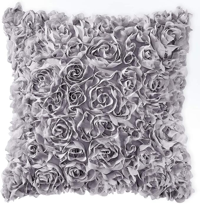 MIULEE Decorative Rose Flower Pillow Cover Pack of 1 Grey 16x16 Inch | Cute Romantic Stereo Chiffon Throw Pillow Cover Aesthetic Solid Pillowcase for Girl Coquette Room Decor Coach Bedroom